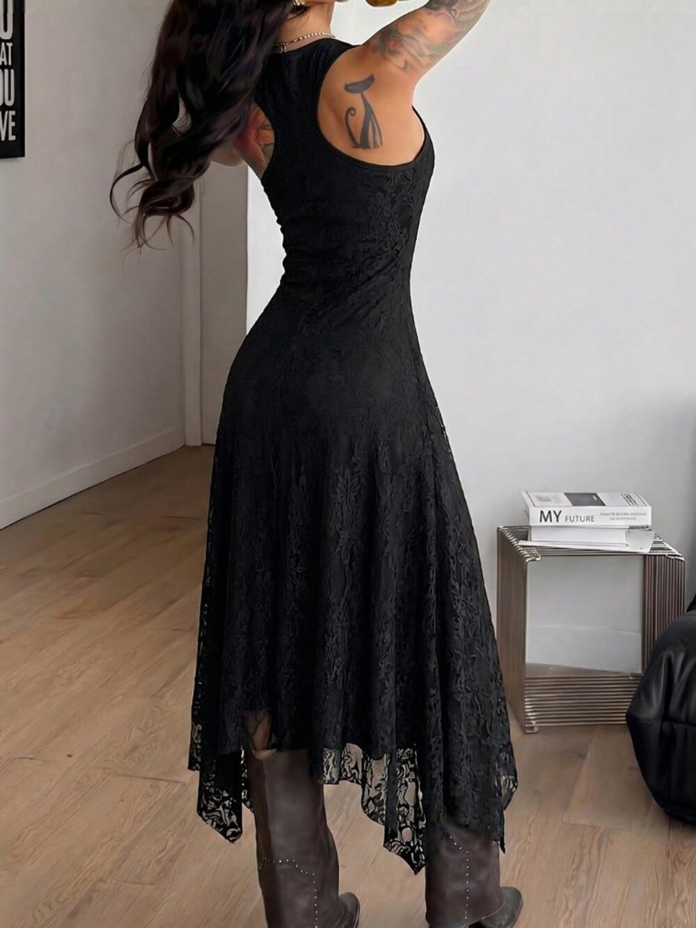 Black Boho Women's Lace Asymmetrical Ruffle Hem Dress - Picture 2 of 4